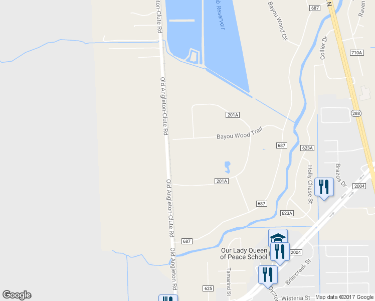 map of restaurants, bars, coffee shops, grocery stores, and more near 333 County Road 201 in Angleton