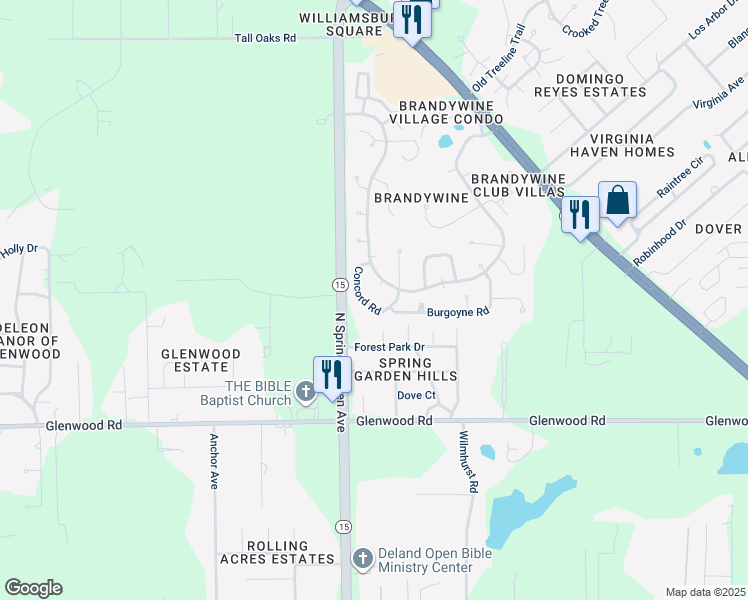 map of restaurants, bars, coffee shops, grocery stores, and more near 2640 Concord Road in DeLand