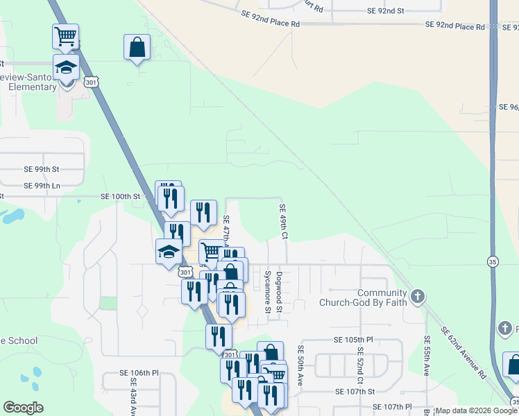 map of restaurants, bars, coffee shops, grocery stores, and more near 4830 Southeast 100th Street in Belleview