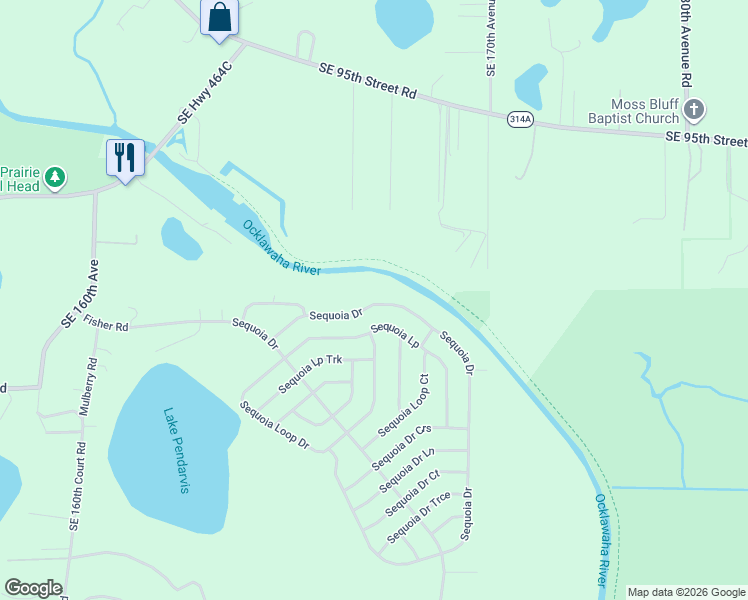 map of restaurants, bars, coffee shops, grocery stores, and more near 341 Sequoia Drive in Ocklawaha