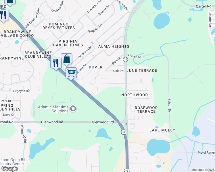 map of restaurants, bars, coffee shops, grocery stores, and more near 352 Rosewood Drive in DeLand