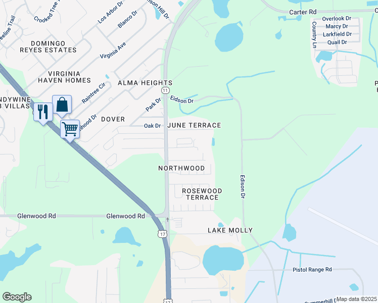 map of restaurants, bars, coffee shops, grocery stores, and more near 215 Ponderosa Drive in DeLand