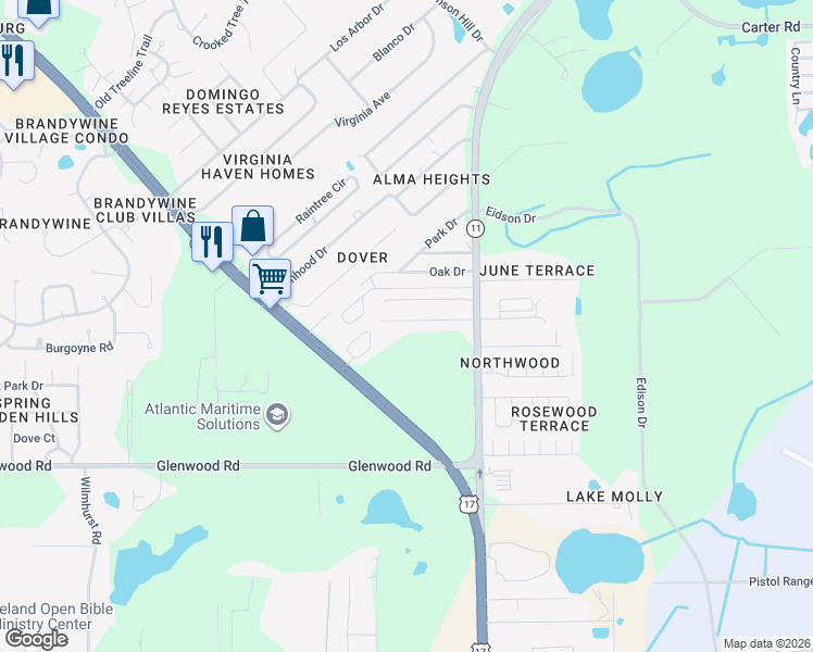 map of restaurants, bars, coffee shops, grocery stores, and more near 352 Rosewood Drive in DeLand