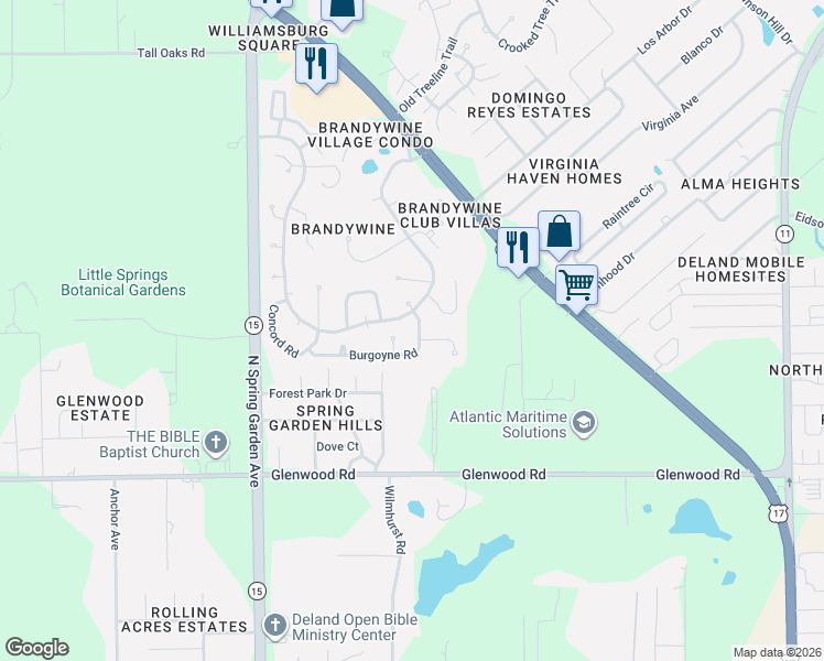 map of restaurants, bars, coffee shops, grocery stores, and more near 2705 Burgoyne Place in DeLand