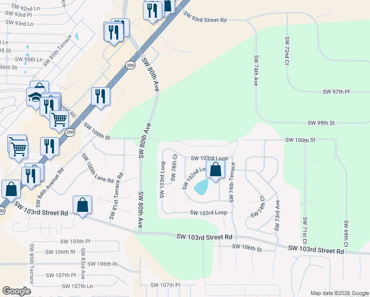 map of restaurants, bars, coffee shops, grocery stores, and more near 7745 Southwest 100th Street in Ocala