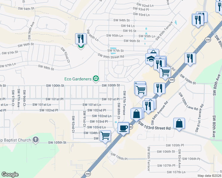 map of restaurants, bars, coffee shops, grocery stores, and more near 8900 Southwest 97th Lane Road in Ocala