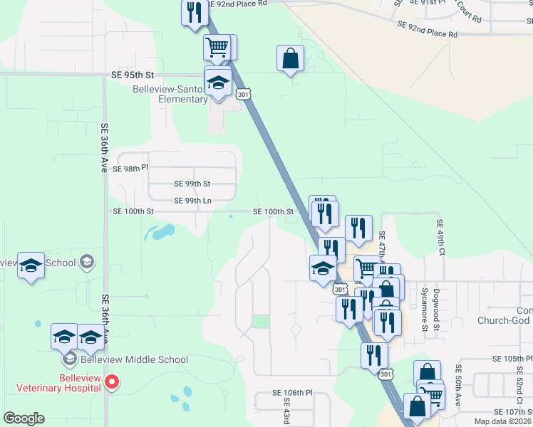 map of restaurants, bars, coffee shops, grocery stores, and more near 4227 Southeast 100th Street in Belleview