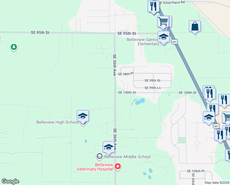 map of restaurants, bars, coffee shops, grocery stores, and more near 3601 Southeast 100th Street in Belleview