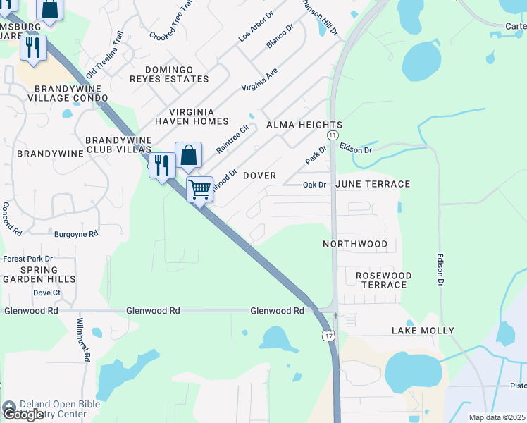 map of restaurants, bars, coffee shops, grocery stores, and more near 292 Circle Drive in DeLand