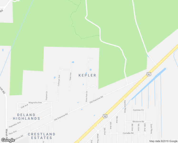 map of restaurants, bars, coffee shops, grocery stores, and more near 2585 Vista Park Drive in DeLand