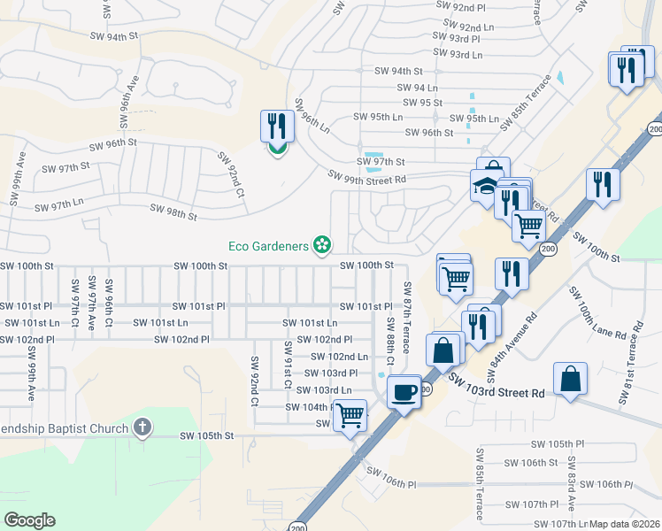 map of restaurants, bars, coffee shops, grocery stores, and more near Southwest 100th Street in Ocala