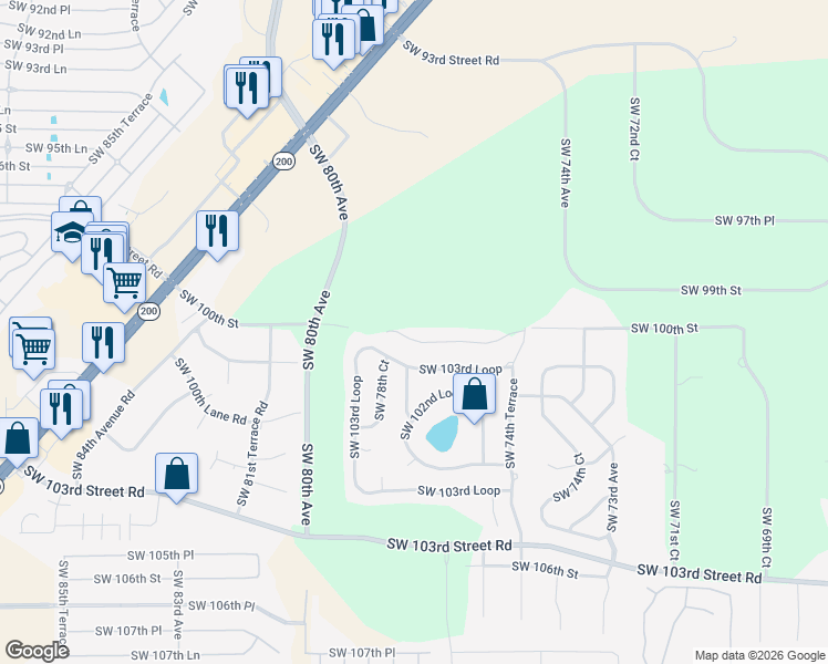 map of restaurants, bars, coffee shops, grocery stores, and more near 7745 Southwest 100th Street in Ocala
