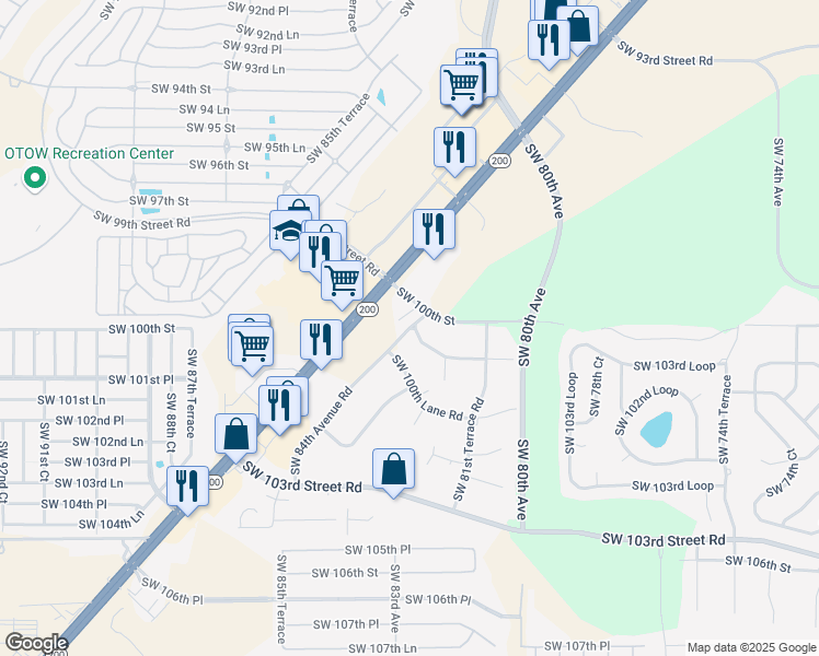 map of restaurants, bars, coffee shops, grocery stores, and more near 10100 Southwest 84th Avenue Road in Ocala