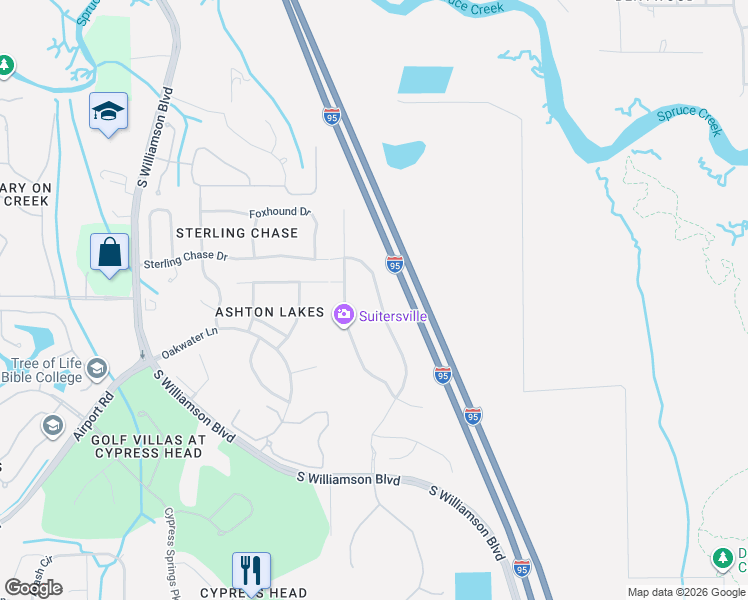 map of restaurants, bars, coffee shops, grocery stores, and more near 6230 Woodhaven Village Drive in Port Orange