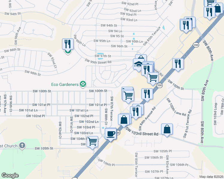 map of restaurants, bars, coffee shops, grocery stores, and more near 8757 Southwest 97th Lane Road in Ocala