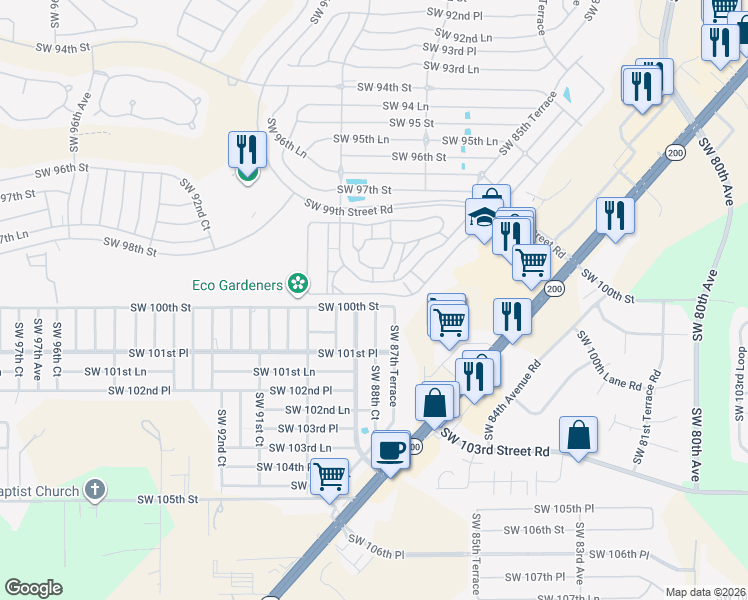 map of restaurants, bars, coffee shops, grocery stores, and more near 8900 Southwest 97th Lane Road in Ocala