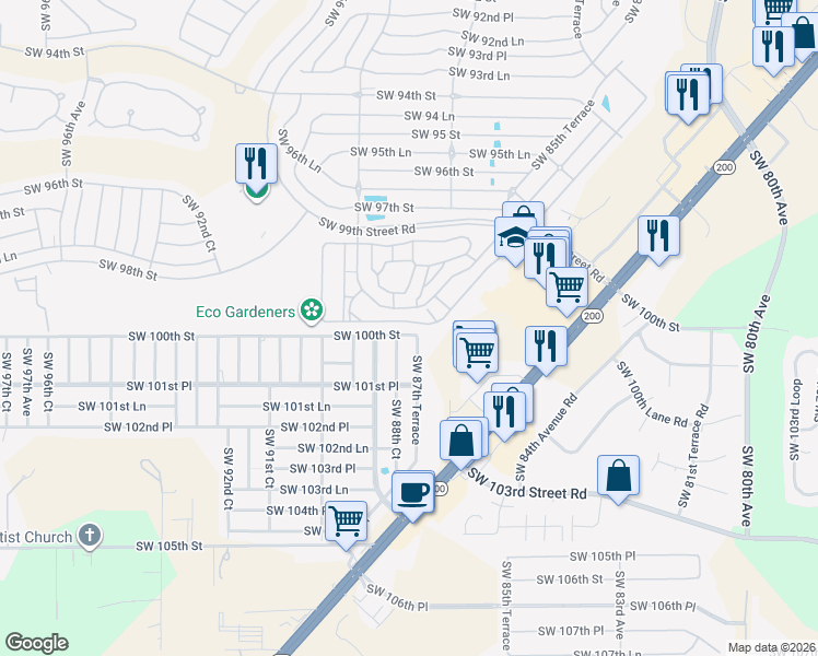 map of restaurants, bars, coffee shops, grocery stores, and more near 8868 Southwest 97th Lane Road in Ocala
