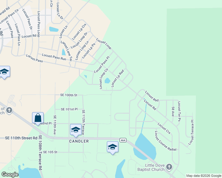 map of restaurants, bars, coffee shops, grocery stores, and more near Locust Loop Court in Ocala