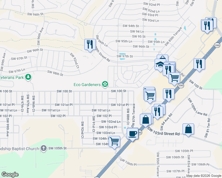 map of restaurants, bars, coffee shops, grocery stores, and more near 9001-9051 SW 100th St in Ocala