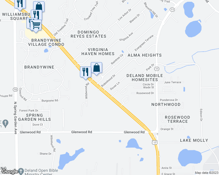 map of restaurants, bars, coffee shops, grocery stores, and more near 105 Dover Lane in DeLand