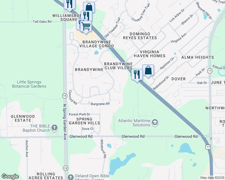 map of restaurants, bars, coffee shops, grocery stores, and more near 865 Lancaster Road in DeLand