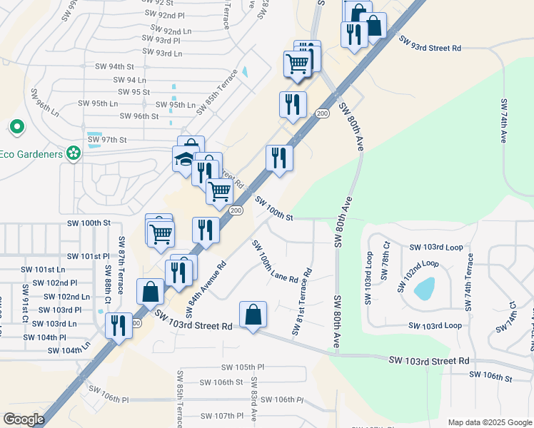 map of restaurants, bars, coffee shops, grocery stores, and more near 10100 Southwest 84th Avenue Road in Ocala