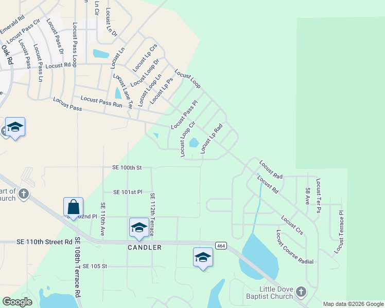 map of restaurants, bars, coffee shops, grocery stores, and more near Locust Loop Court in Marion County