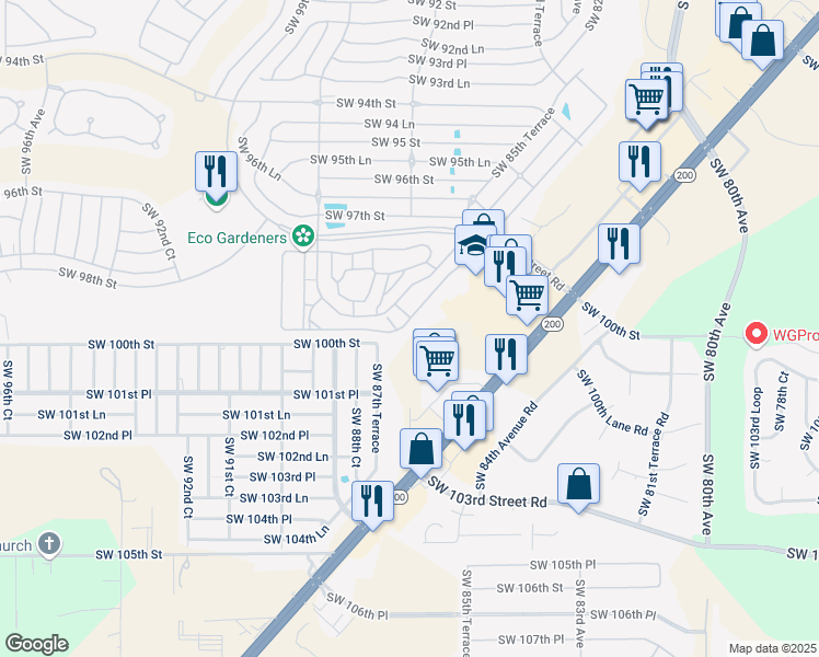 map of restaurants, bars, coffee shops, grocery stores, and more near 8686 Southwest 97th Lane Road in Ocala