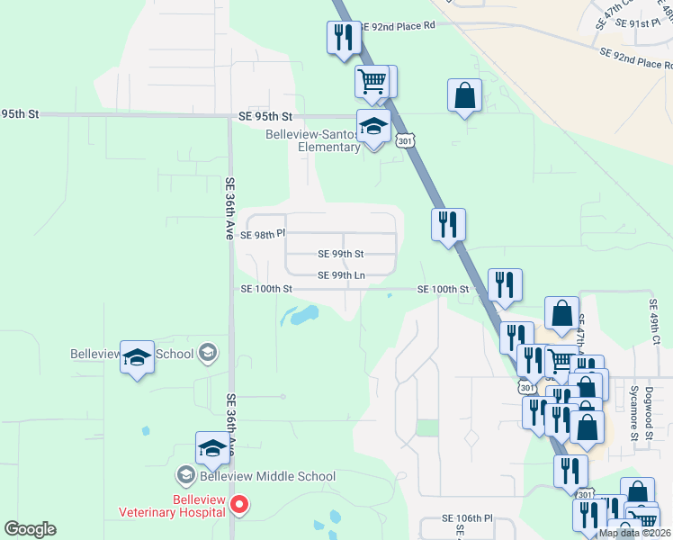 map of restaurants, bars, coffee shops, grocery stores, and more near 3929 Southeast 99th Lane in Belleview