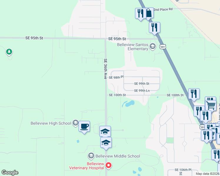 map of restaurants, bars, coffee shops, grocery stores, and more near 3601-3665 Southeast 100th Street in Belleview