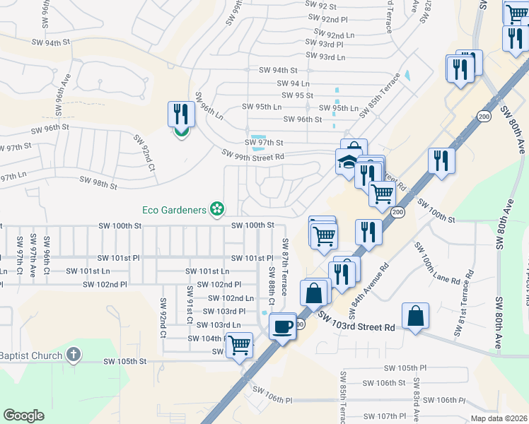 map of restaurants, bars, coffee shops, grocery stores, and more near 8868 Southwest 97th Lane Road in Ocala