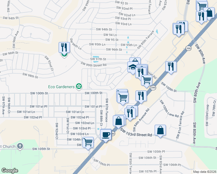 map of restaurants, bars, coffee shops, grocery stores, and more near 8757 Southwest 97th Lane Road in Ocala