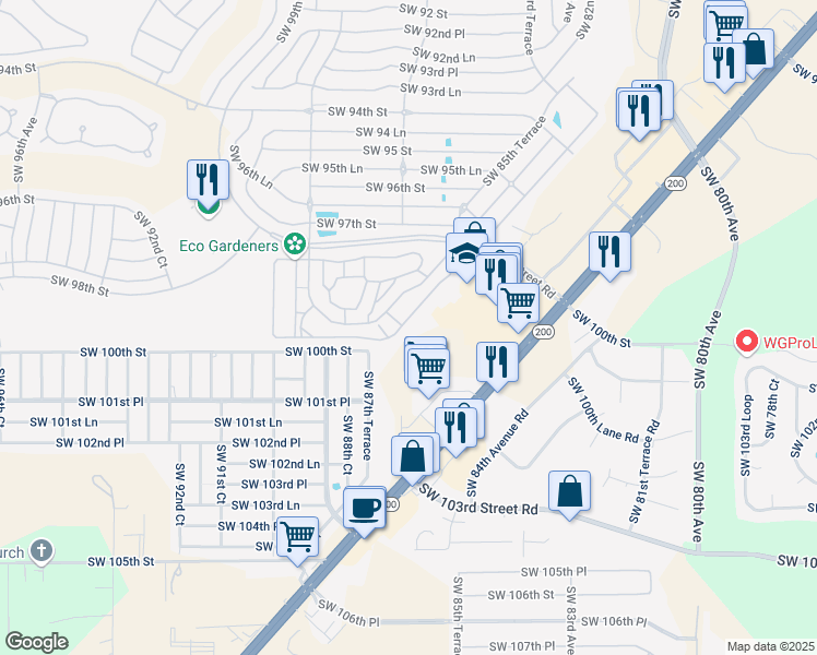 map of restaurants, bars, coffee shops, grocery stores, and more near 8686 Southwest 97th Lane Road in Ocala