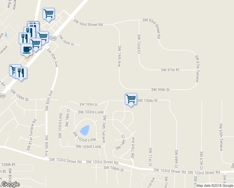 map of restaurants, bars, coffee shops, grocery stores, and more near 7320 Southwest 99th Street in Ocala