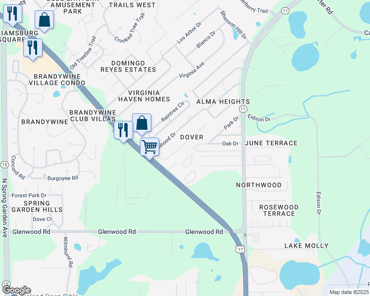 map of restaurants, bars, coffee shops, grocery stores, and more near 138 Dover Lane in DeLand