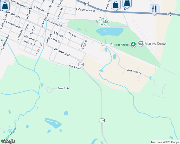 map of restaurants, bars, coffee shops, grocery stores, and more near 169 Farm to Market 236 in Cuero