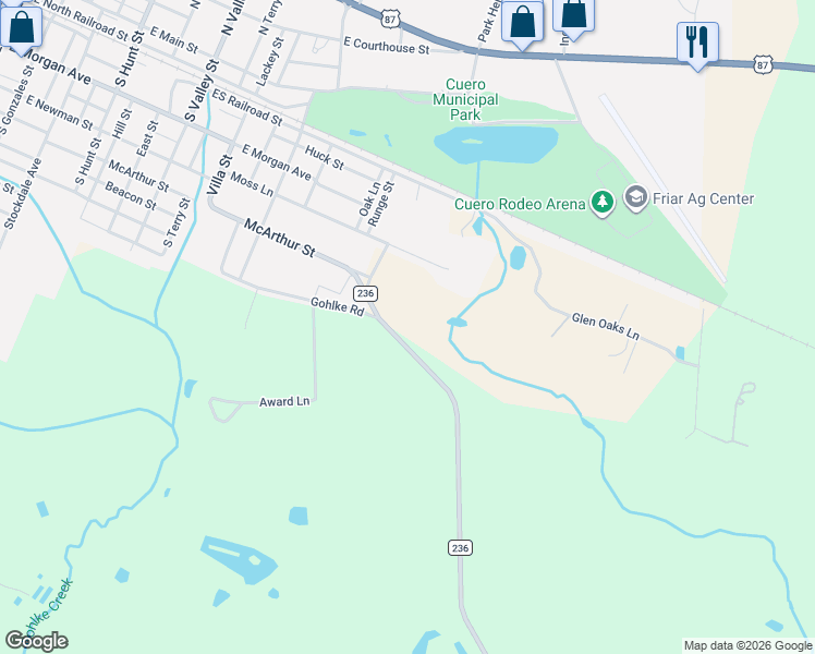map of restaurants, bars, coffee shops, grocery stores, and more near 169 Farm to Market 236 in Cuero