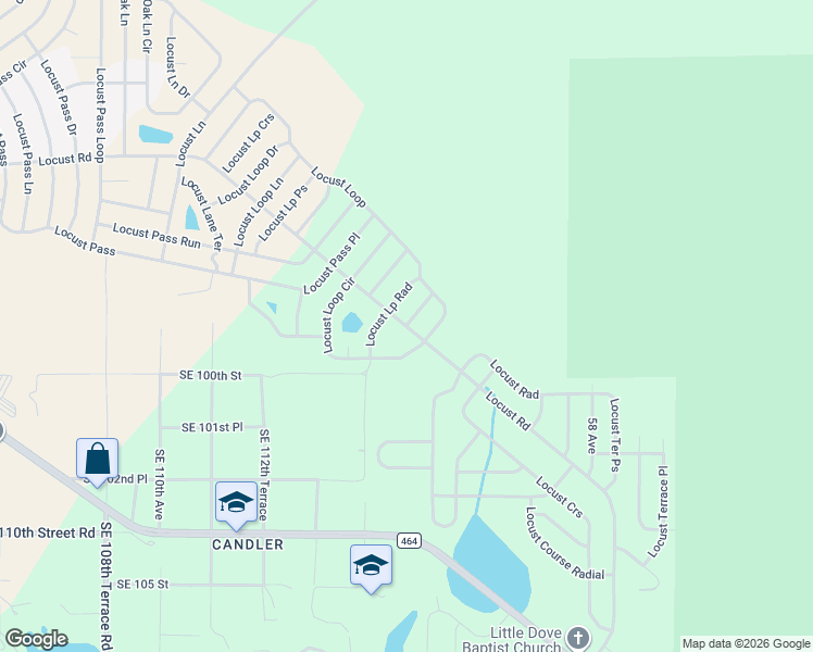 map of restaurants, bars, coffee shops, grocery stores, and more near Locust Loop Court in Ocala