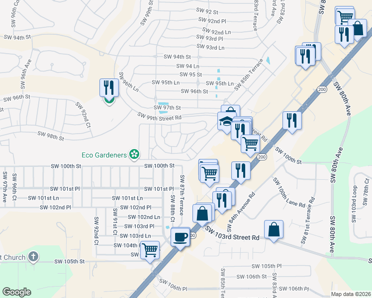 map of restaurants, bars, coffee shops, grocery stores, and more near 9881 Southwest 87th Terrace Road in Ocala