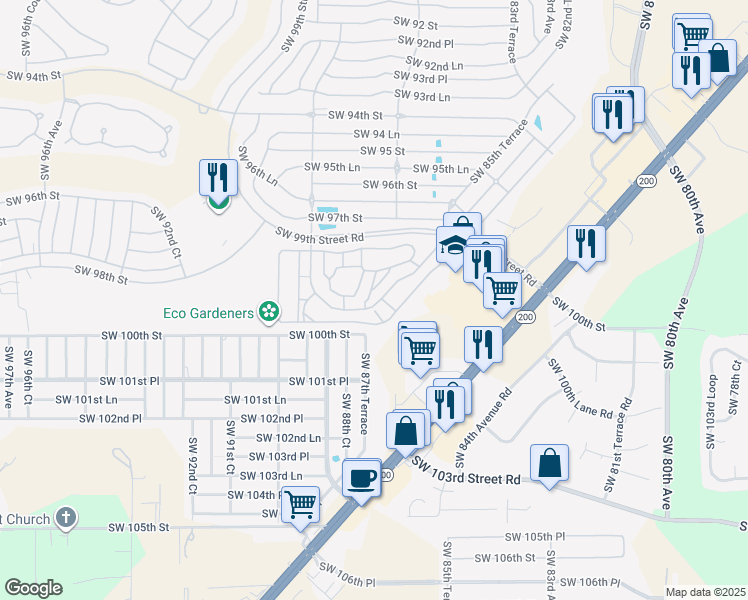 map of restaurants, bars, coffee shops, grocery stores, and more near 9881 Southwest 87th Terrace Road in Ocala
