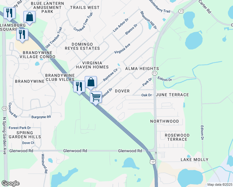map of restaurants, bars, coffee shops, grocery stores, and more near 141 Dover Lane in DeLand