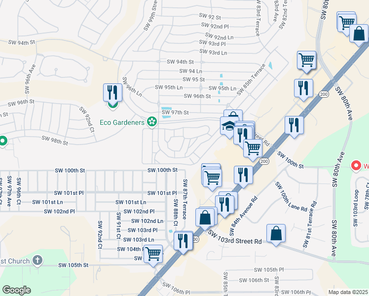 map of restaurants, bars, coffee shops, grocery stores, and more near 9881 Southwest 87th Terrace Road in Ocala