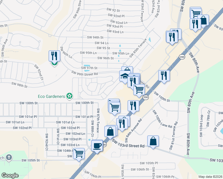 map of restaurants, bars, coffee shops, grocery stores, and more near 8637 Southwest 97th Lane Road in Ocala