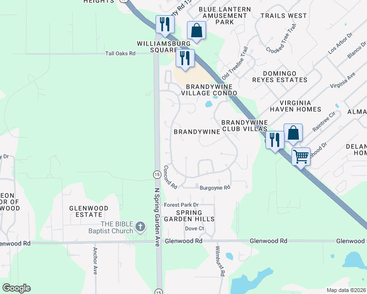 map of restaurants, bars, coffee shops, grocery stores, and more near 1045 Valley Forge Road in DeLand