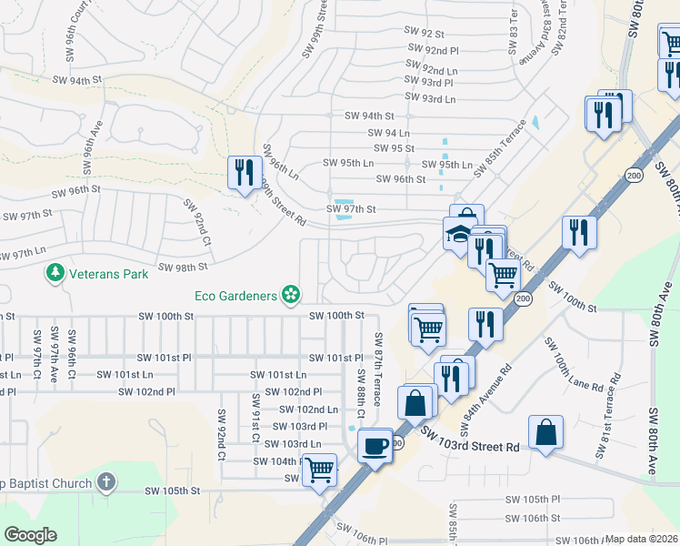 map of restaurants, bars, coffee shops, grocery stores, and more near 9855 Southwest 89th Terrace in Ocala