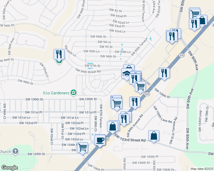 map of restaurants, bars, coffee shops, grocery stores, and more near 9881 Southwest 87th Terrace Road in Ocala