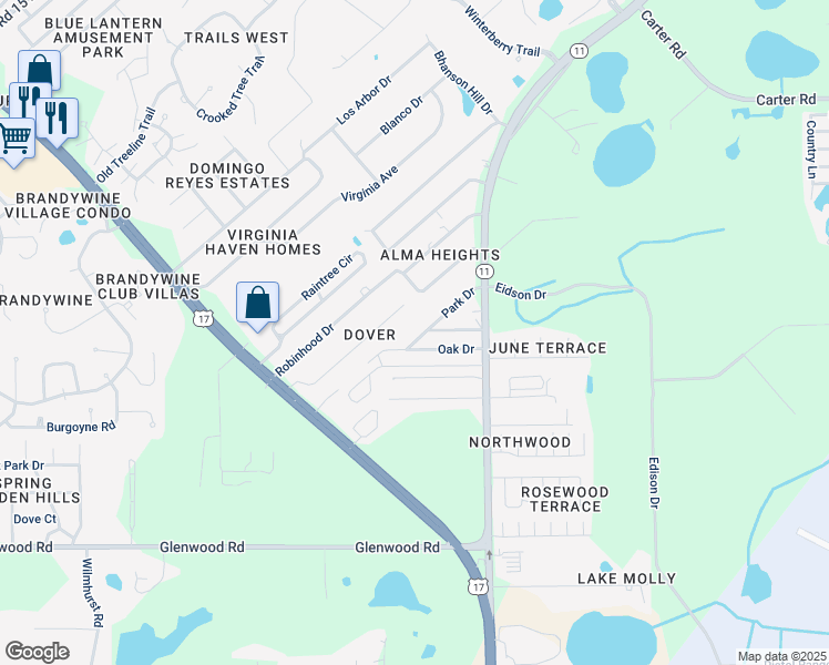 map of restaurants, bars, coffee shops, grocery stores, and more near 327 Park Drive in DeLand