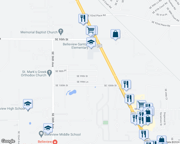 map of restaurants, bars, coffee shops, grocery stores, and more near 4032 Southeast 98th Place in Belleview