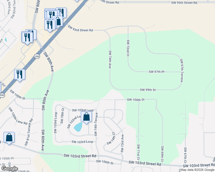 map of restaurants, bars, coffee shops, grocery stores, and more near 7320 Southwest 99th Street in Ocala