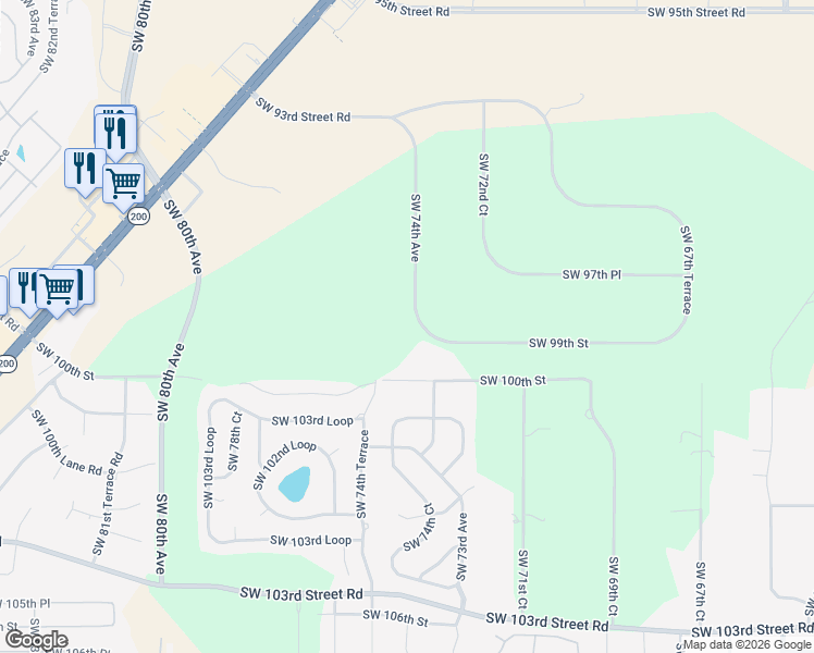 map of restaurants, bars, coffee shops, grocery stores, and more near 7320 Southwest 99th Street in Ocala
